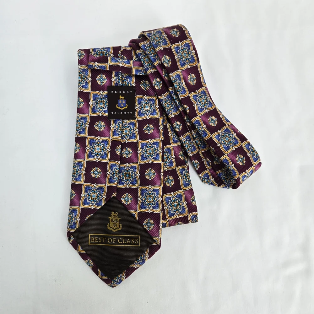 Robert Talbott Best of Class Burgundy Blue Geometric Floral 100% Silk Career Tie